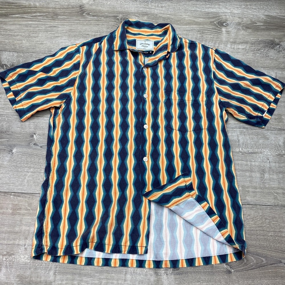 Portuguese Flannel Shirt Mens Medium Multicolor Stripe Short Sleeve Button Up